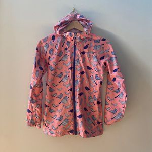 Lands End Girls Rainjacket Size Large EUC Light Raincoat with birds pink and blu